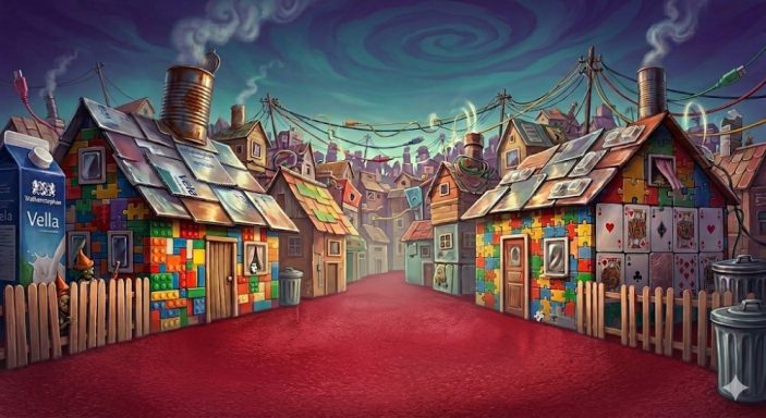 Exklusiver Einblick: Mood-Bild von Vinem Bunte, gemusterte Häuser auf einer Straßenszene mit rauchenden Schornsteinen.