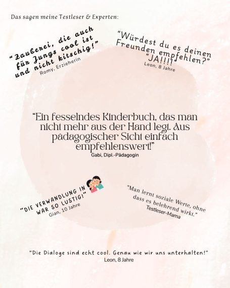 begeisterte Testleser und pädagogische Stimmen Ein offenes Kinderbuch mit handschriftlichen Notizen und Zitaten über das Lesen.