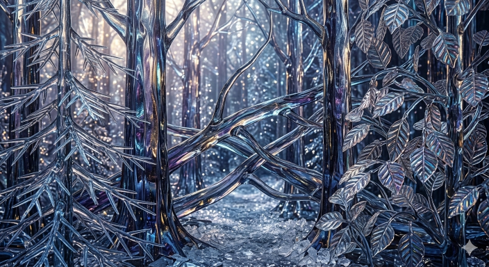 KI-Mood-Bild: Der gläserne Wald in Vinem Ein verschneiter Waldweg mit schneebedeckten Bäumen und einem geheimnisvollen Lichtspiel.