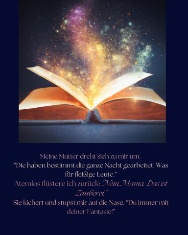 Liegt Tilo richtig? Ist es Zauberei? Ein aufgeschlagenes Buch mit leuchtenden, bunten Partikeln, die aus den Seiten aufsteigen.