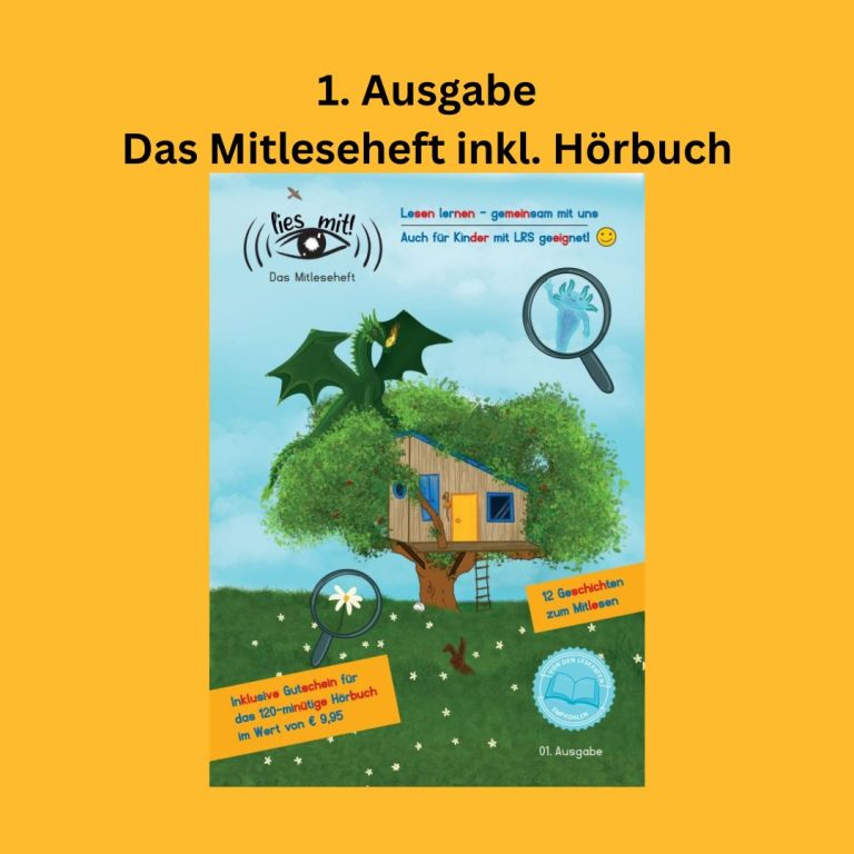 Liesmit! 1. Ausgabe Ein buntes Cover zu einem Mitleseheft mit Baumhaus und Drachenmotiv.