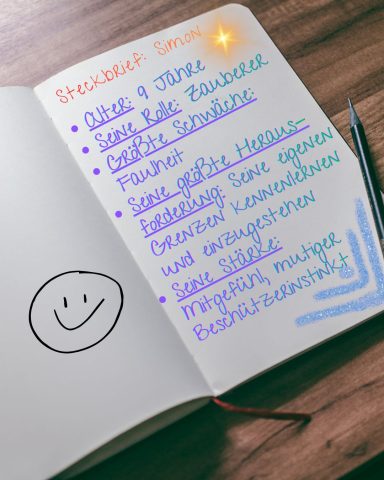 Simons Steckbrief - der Zauberer Notizbuch mit handschriftlichen Auflistungen und einem Smiley.
