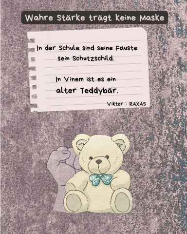 über Viktor Ein alter Teddybär vor einem handgeschriebenen Zitat auf fleckigem Hintergrund.
